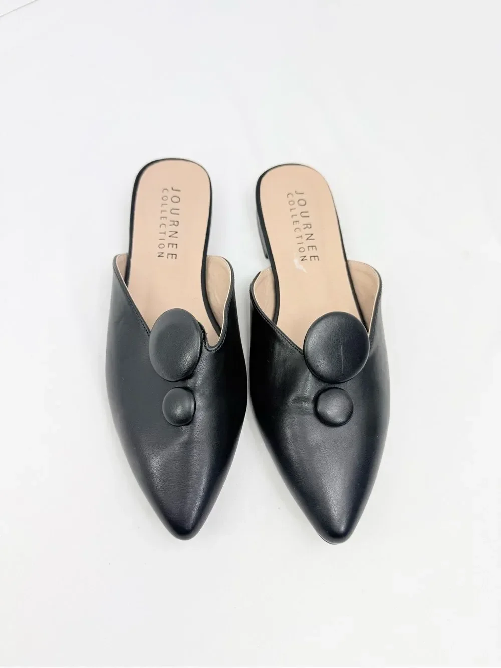 Journee Collection MALLORIE Black Vegan Leather Button Pointed Toe Slide Shoe